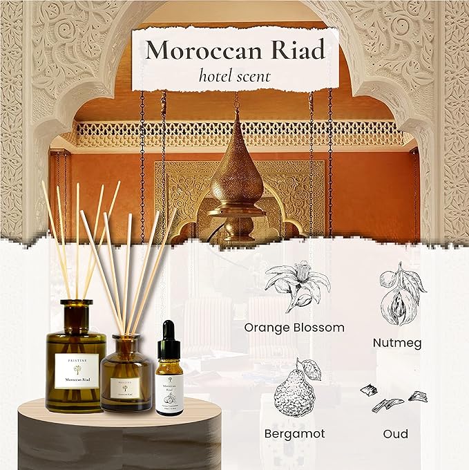 PRISTINE Moroccan Riad/Inspired by Venetian Reed Diffuser for Home | Refreshing Blend of Bergamot, Orange, Earthy Oud Reed Diffuser Set, Oil & Reed Diffuser Sticks | Home & Office Decor