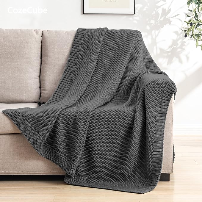 CozeCube Charcoal Grey Seed Stitch Throw Blanket 60"x80", Farmhouse Decor | Blanket for Couch, Soft Cozy Cable Knit Throw for Bed Sofa Living Room, Lightweight Warm Decorative Christmas Blanket