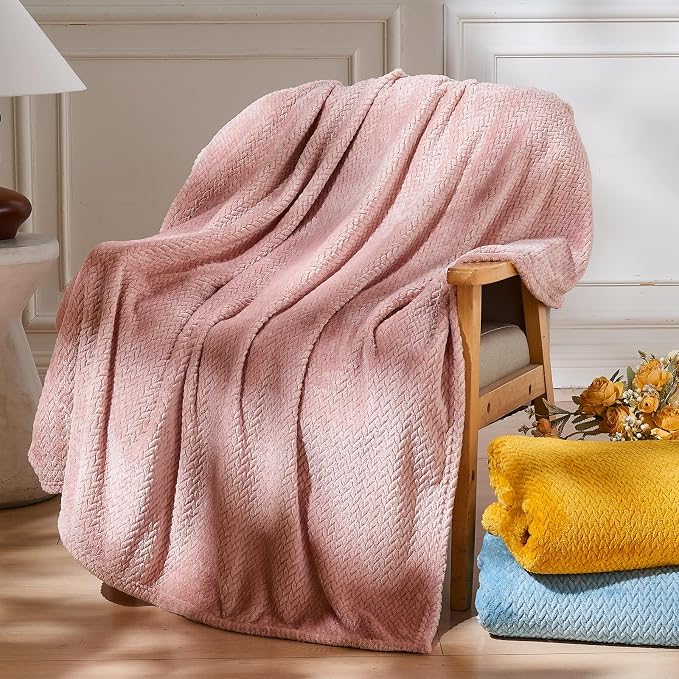 NEWCOSPLAY Fleece Leaves Pattern Twin Blanket, Dusty Pink, 60"x80" | Super Soft Throw Blanket, Lightweight Cozy Bed Sofa Blanket, Premium Silky Flannel Fleece, Travel Blanket for All Season Use