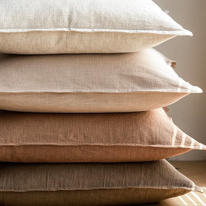Foindtower Pack of 2, Decorative Linen Solid Throw Pillow Covers Soft Accent Cushion Case Boho Farmhouse Pillowcase for Chair Couch Sofa Bedroom Living Room Home Decor 26 x 26 Inch Light Khaki Brown