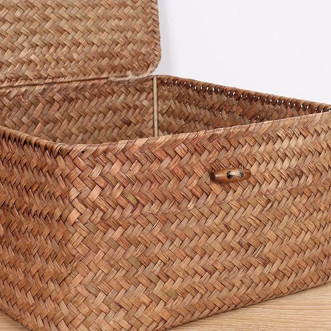 Moosky Wicker Shelf Baskets with Lid, Handwoven Seagrass Storage Basket Bins Square Gift Boxes for Shelves Home Decor Organizer (Coffee, Small)