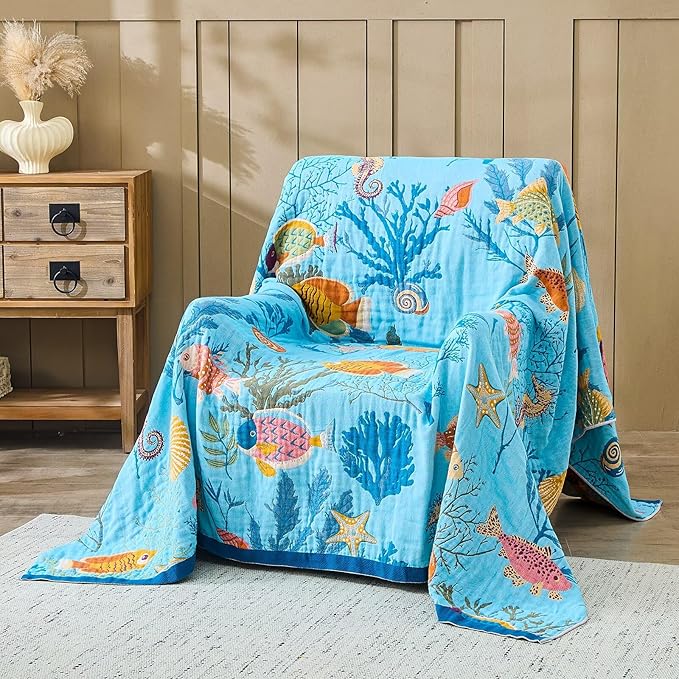 XIBLC Boho Throw Blanket 100% Cotton Vintage Blanket Muslin Woven Flower Decorative Throw Blankets All Season Bohemian Rustic Farmhouse Decor Quilt for Bed (Blue 50"x60")