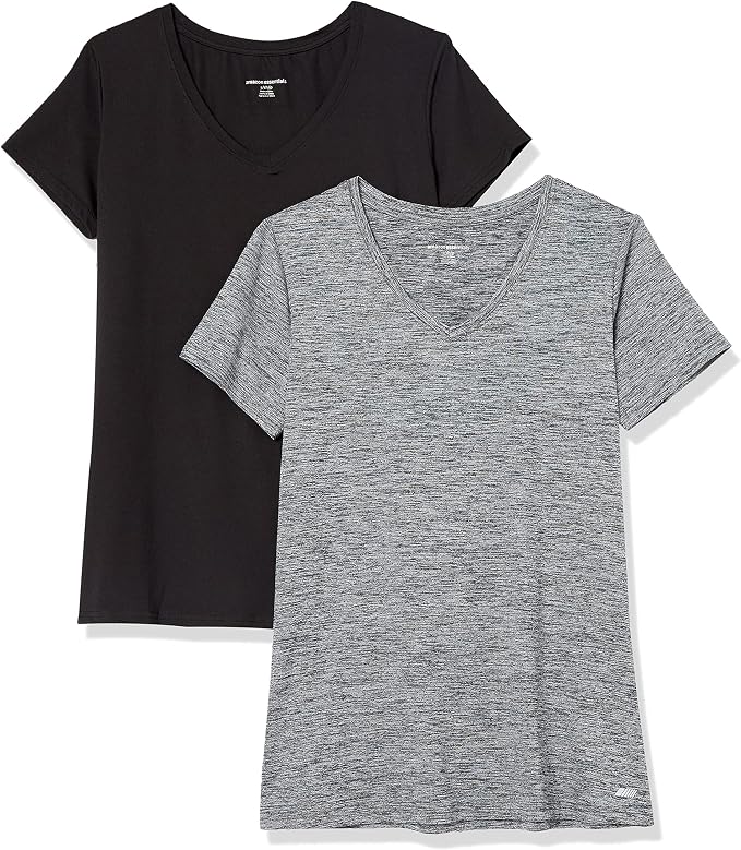 Amazon Essentials Women's Active Quick Dry Tech Stretch Short-Sleeve V-Neck T-Shirt (Available in Plus Size), Pack of 2