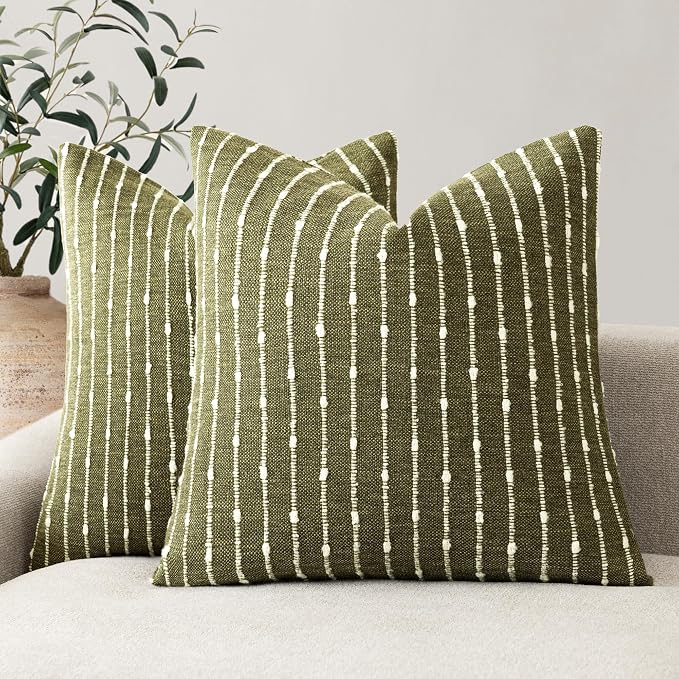 Foindtower Pack of 2 Decorative Jacquard Boucle Throw Pillow Covers Accent Textured Striped Pillowcases Soft Boho Modern Cushion for Couch Sofa Bedroom Living Room Home Decor 20x20 Inch Olive Green