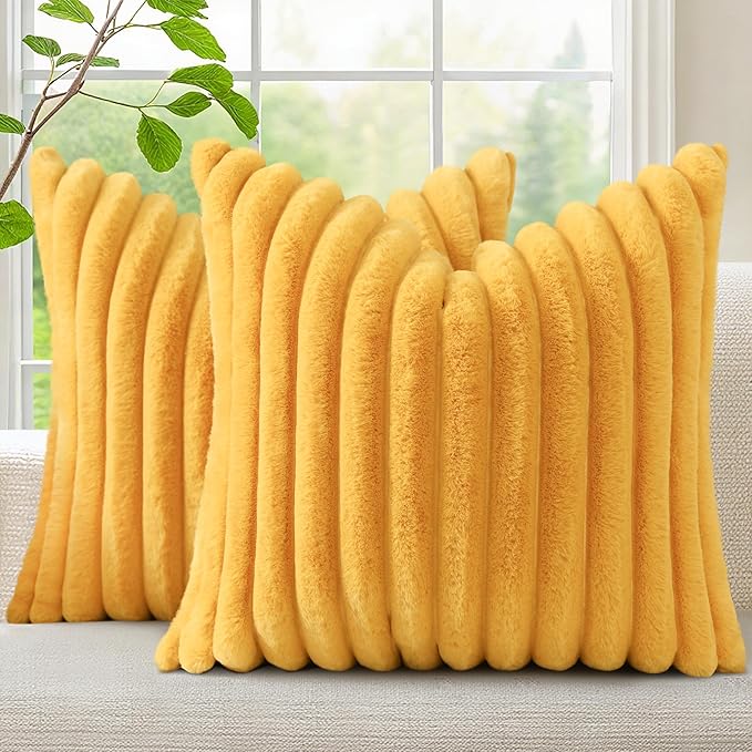 decorUhome Fall Faux Fur Throw Pillow Covers 24x24 Set of 2 Mustard Yellow | Decorative Soft Cozy Striped Plush Modern Farmhouse Boho Couch Pillow Cases Velvet Back for Sofa Bed Living Room Home Decor