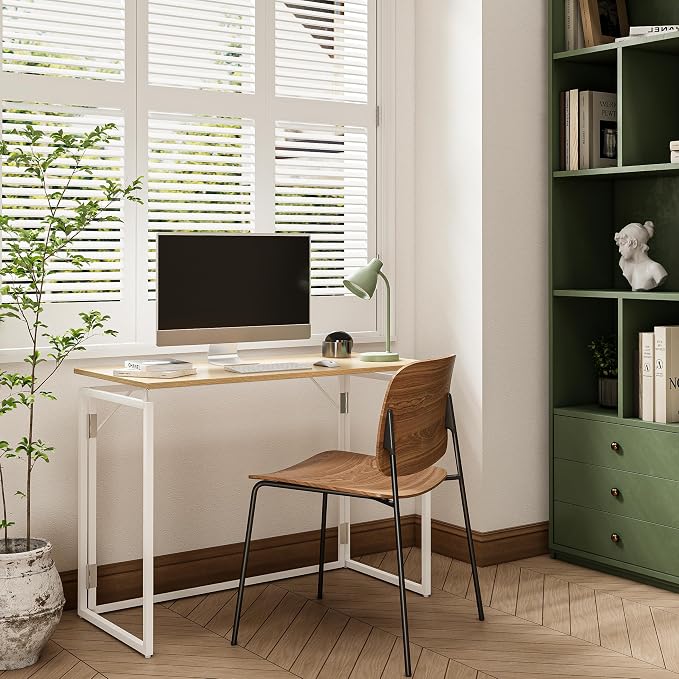 alawooder 39.4" Folding Desk: No Assembly, Wood Top for Small Spaces | 39.4 in dual-monitor workspace, holds 150 lbs, folds flat to 2.3 in, splash-proof top, home office or gaming
