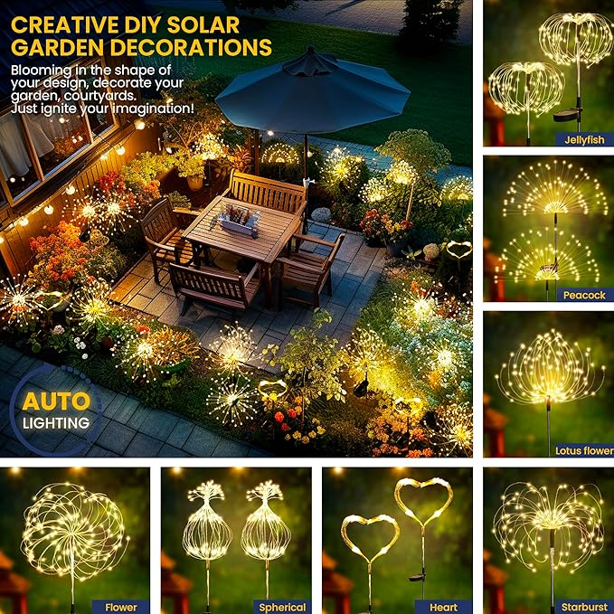 GIGALUMI Garden Decor Outdoor Lights 120LED 2Pack, Solar Garden Lights Outside Fairy Firework Decorative,Solar Powered for Yard Pathway Flowerbed Planter Balcony, Gifts for mom(Warm White