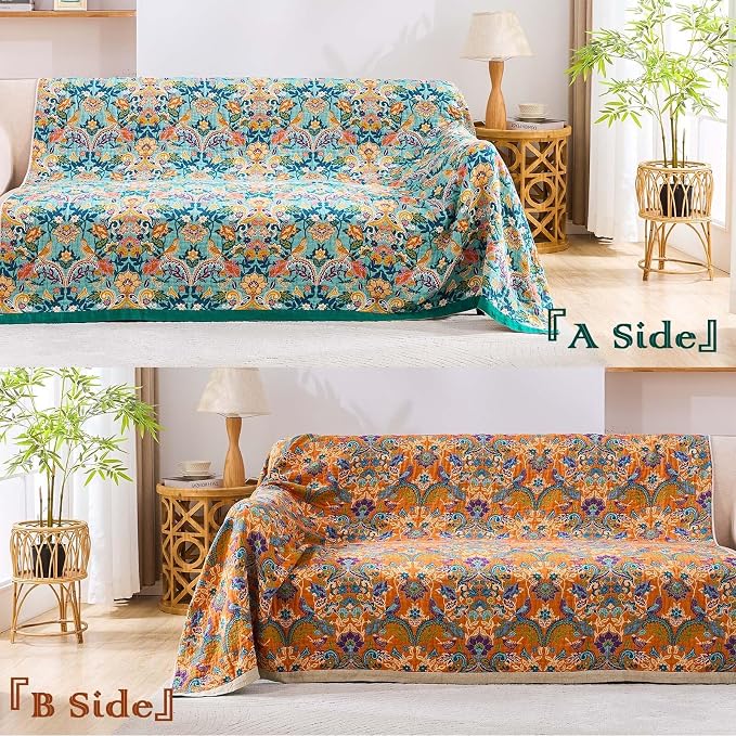 XIBLC Boho Blanket Throw Quilt, 100% Cotton Soft Light Weight Throw Blankets for Summer, 90"x98" Farmhouse Flower Decorative Blankets, All Season Rustic Reversible Bohemian Throw Quilt
