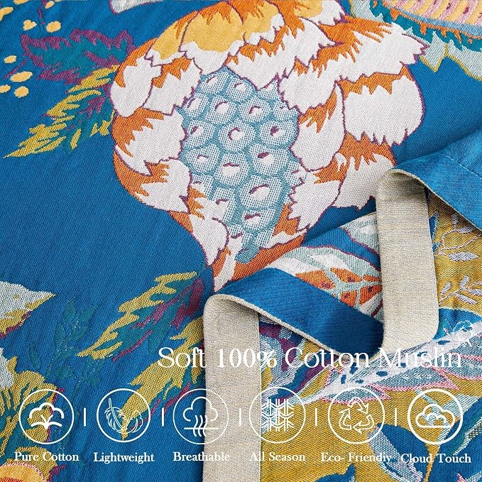 XIBLC Boho Throw Blanket, Blue Lightweight Blankets for Summer, 100% Cotton Bohemian Decorative Throw Blanket, 60"x80" Reversible Muslin Breathable Woven Farmhouse Blankets Quilt,