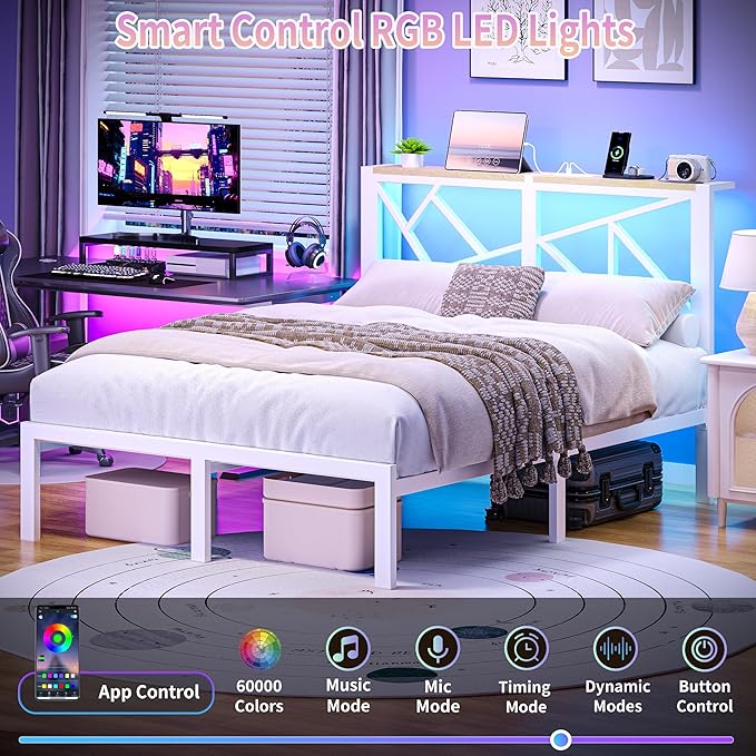 Full White Metal Bed Frame with USB Charging Station, LED Ambient Lighting, and Wooden Storage Headboard - Includes Under-Bed Storage, No Box Spring Needed, Noise Free, Easy to Assemble