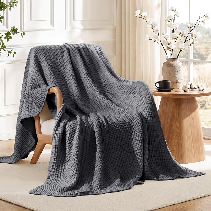 Love's cabin 100% Cotton Muslin Blanket, 6 Layer Lightweight Breathable Gauze Throw Blanket 50 x 60 Inches, Soft All Season Blanket for Couch, Bed, Sofa, Dark Grey