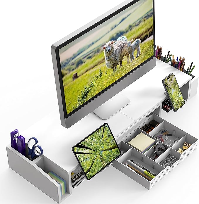 Simple Houseware Desk Dual Monitor Stand Riser with Drawer, White | Customizable Organizer Tray, Built-In Phone & Tablet Slot and Side Storage