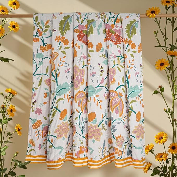 VANJOROY Boho Throw Blanket, 100% Organic Cotton Breathable Ultra Soft 80" x 90" Bed Quilt Throw - All Season Floral Rustic Farmhouse Decor Luxury Reversible Blanket for Sofa Couch Chair and Gift