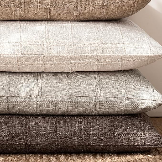 Foindtower Set of 2 Decorative Linen Check Throw Pillow Covers Neutral Farmhouse Vintage Cushion Covers Modern Coastal Boho Home Decor for Sofa Chair Couch Bedroom Living Room,24×24 Inch,Light Grey