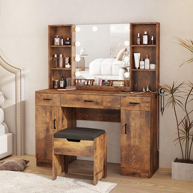 Makeup Vanity Table with Lighted Mirror & Power Outlets, Large Vanity Set Vanity Desk with Storage Stool, 3 Lighting Modes, Brightness Adjustable, 45inch, Rustic Brown