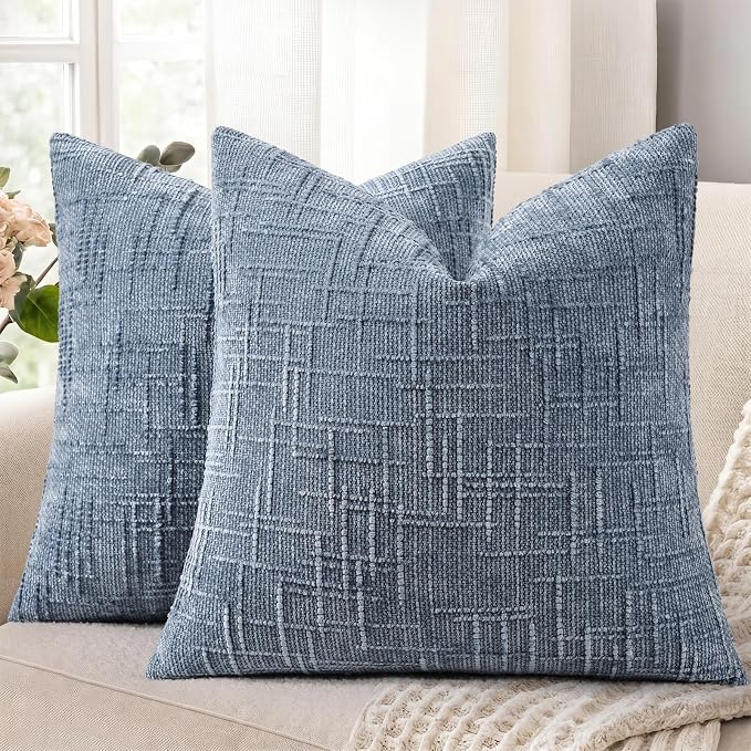 decorUhome Textured Chenille Throw Pillow Covers 16x16 Set of 2 Grey Blue | Fall Modern Farmhouse Soft Cozy Slubby Couch Pillow Cases Boho Decorative Pillow Cases for Bed Sofa Living Room Home Decor