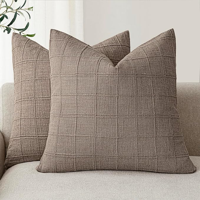 Foindtower Set of 2 Decorative Linen Check Throw Pillow Covers Neutral Farmhouse Vintage Cushion Covers Modern Boho Home Decor for Sofa Chair Couch Bedroom Living Room,18×18 Inch,Tan Taupe