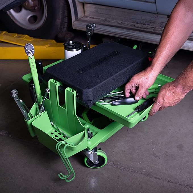 OEMTOOLS Sidekick Rolling Mechanic Stool – 5 Tool Trays, Cushioned Seat, 330 lb Capacity (Green)