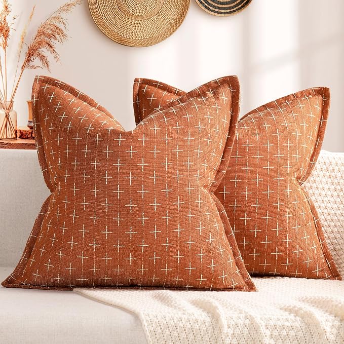 Pillow Covers 24x24 Set of 2 Soft Fall Decor Polyester Textured Pillow Covers with Stylish Flange Edge Cozy Farmhouse Throw Pillows for Couch Bed Sofa Living Room