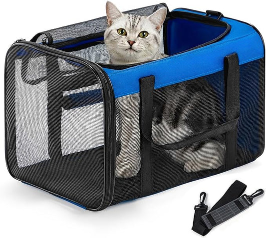Cat Carrier Bag,Soft-Sided Pet Carriers for Dogs with 4-Sided Mesh,Airline Approved Cat Transport Carrier for Small&Medium Cats Kitten Puppy Up to 15LB,Collapsible Cat Travel Carrier-M,Blue