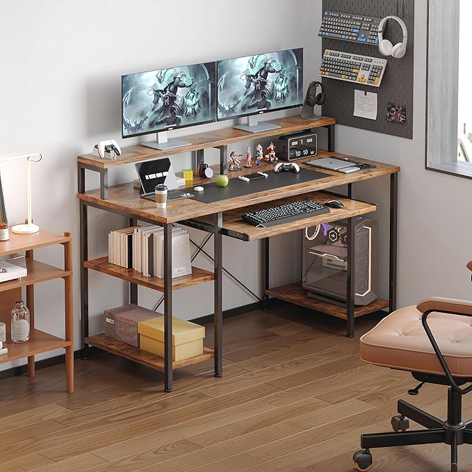 VERMESS 48Inch Computer Desk, Home Office Desks with Keyboard Tray, Gaming Desk with CPU Stand Shelf,Industrial Study Table Wide Writing Desk with Storage Shelves for 2 Monitors, Rustic Brown