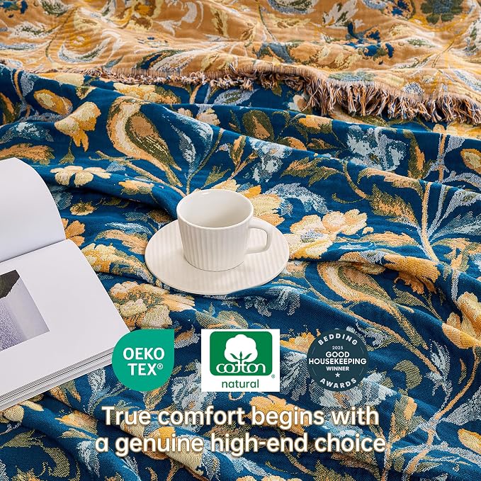 VANJOROY Boho Throw Blanket, 100% Organic Cotton Breathable Ultra Soft 60" x 80" Bed Quilt Blue Throw - All Season Bird Floral Rustic Farmhouse Decor Reversible Blanket for Couch Chair and Gift