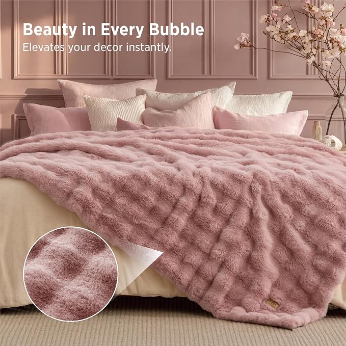 Bedsure GentleSoft Bubble Faux Fur King Size Blanket for Bed, Fluffy Fuzzy King Blanket for Winter, Soft Cozy Faux Fur Bedding Thick Warm Plush Decor for Bedroom, Dusty Rose, 104x90