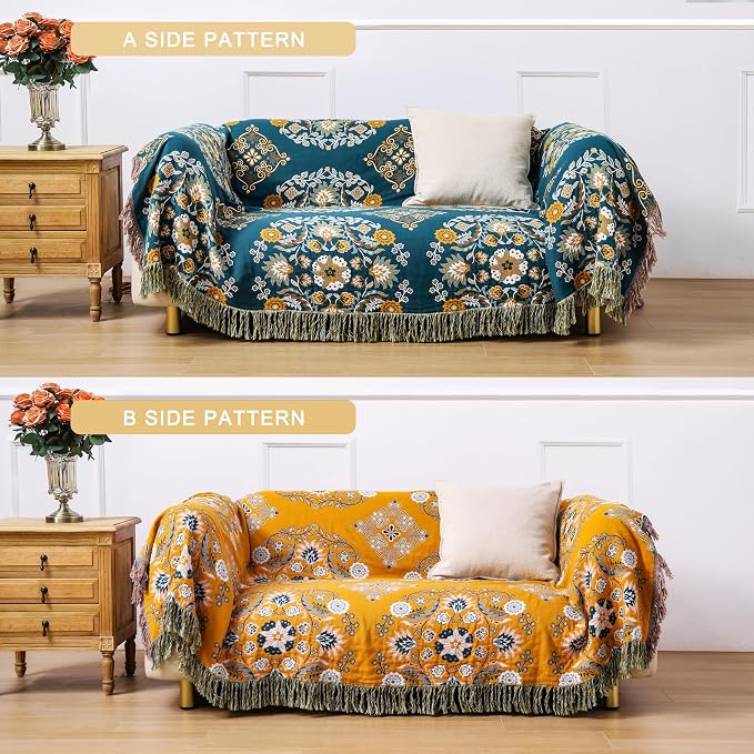 VANJOROY Boho Throw Blanket, 100% Cotton Soft King Yellow Throw for Bed-Floral Farmhouse Decor Blanket, Reversible Bohemian Throw for Sofa Chair Couch Quilt and Gift, 91" x 98"