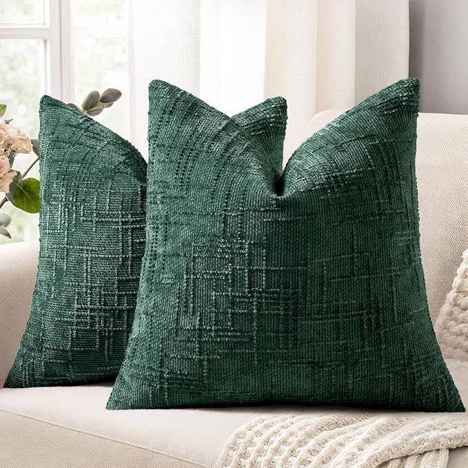 decorUhome Textured Chenille Throw Pillow Covers 16x16 Set of 2 Green | Fall Modern Farmhouse Soft Cozy Slubby Couch Pillow Cases Boho Decorative Pillow Cases for Bed Sofa Living Room Home Decor