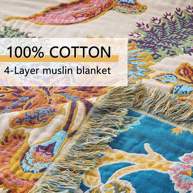 Boho Throw Blanket Farmhouse Decor Throw Blanket Bohemian Blanket for Bed 100% Cotton Muslin Woven Couch Blanket All Seasons Quilt Bedroom (E-Beige, 90"x98")