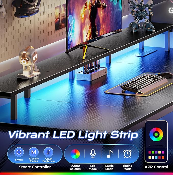PRAISUN 63 inch Gaming Desk, LED & Power Outlets, Monitor Stand, Black | Sturdy PC Desk for Home Office, Study & Work, LED Lights, 4 AC Outlets & USB-C Charging Station