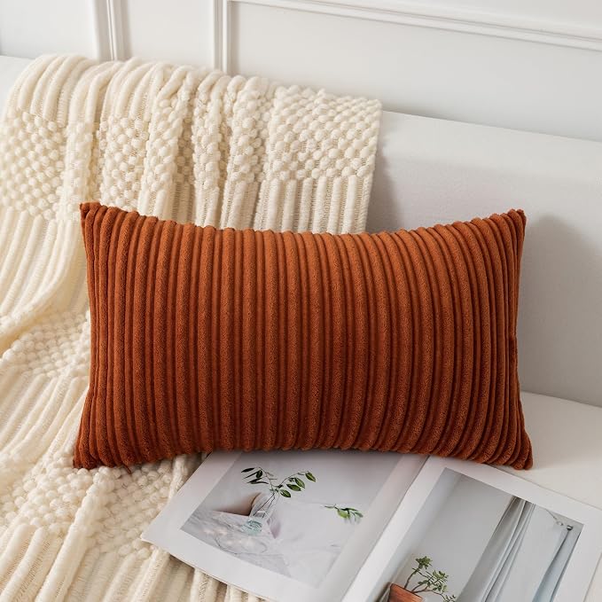 UGASA Fall 12x24 Inch Pillow Cover Pack of 1 Soft Boho Stripe Corduroy Long Rectangle Lumbar Cushion Case Farmhouse Decorative Throw Pilowcase for Bed, Couch, Sofa, Bedroom, Living Room, Burnt Orange
