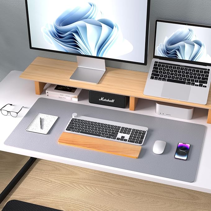 Aothia Leather Desk Pad Protector, Mouse Pad, Office Desk Mat, Non-Slip PU Leather Desk Blotter, Laptop Desk Pad, Waterproof Desk Writing Pad for Office and Home (23.6" x 13.7", Light Grey)