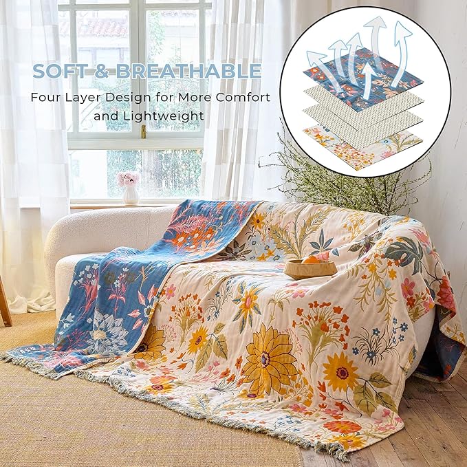 Queen Size Throw Blanket for Bed 100% Cotton Boho Oversized Soft Cozy Muslin Quilt Blanket Double Bird and Florals, Vintage Farmhouse Cottage Woven Blankets for Bedding Couch,Colorful Floral,80"×90"
