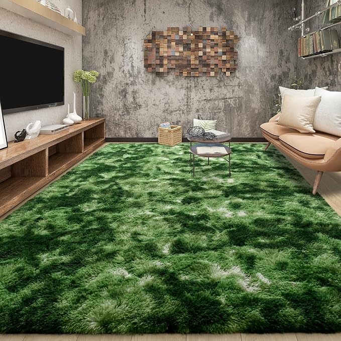 Tepook Fluffy Dark Green Rugs for Living Room Bedroom, 6x9 Soft Area Rug Tie-Dyed Forest Moss Green Kids Girls Boys Rug, Indoor Plush Shaggy Non-Slip Carpet for Nursery Classroom Dorm Home Decor