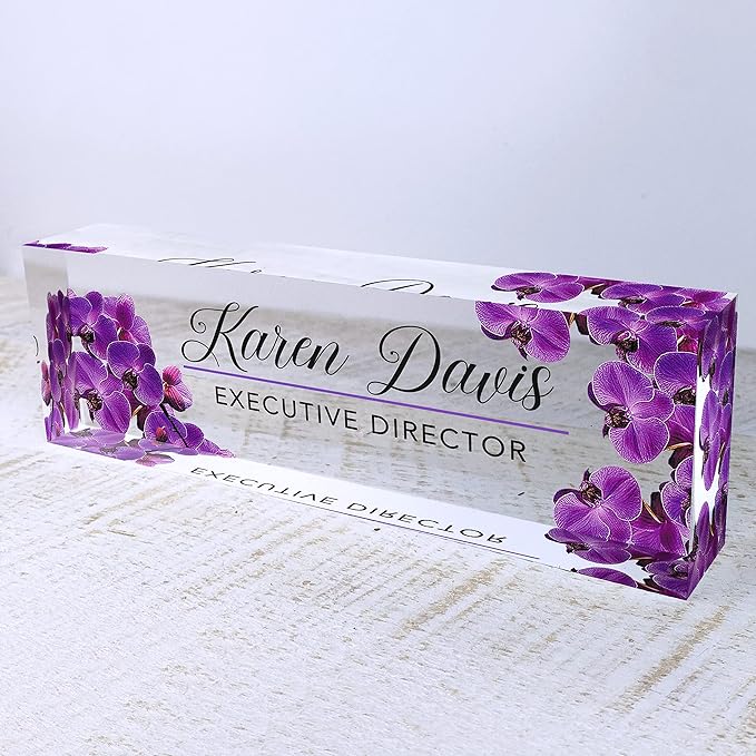 Artblox Office Desk Name Plate Personalized | Custom Name Plates for Desks | Purple Orchid Design On Clear Acrylic Glass | Office Desk Decor - (8" x 2.5")