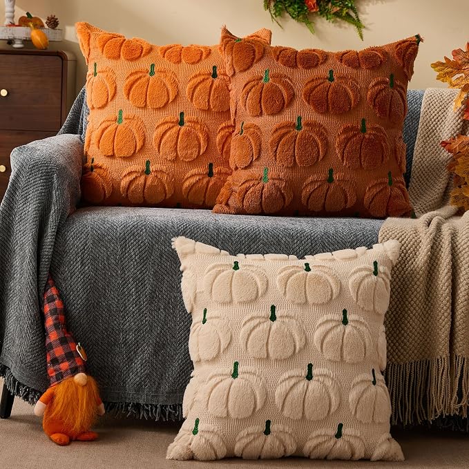 DFXSZ Fall Pillow Covers 20x20 2Pcs Beige Green Pumpkin Fall Decorations | Fall decor Set of 2 Throw Pillow Cases Soft Plush Faux Fur Wool Couch Cushion for Chair Sofa Bedroom Living Room Home Decor