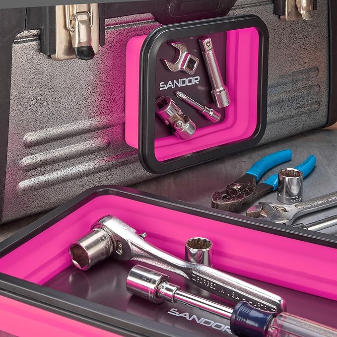 Collapsible Magnetic Parts Tray Set - 3 Different Size Tool Trays for Screw, Bolts, Nuts, Washers, Pins and Other Small Metal Parts, Mechanic Tool Gifts for Men - Pink
