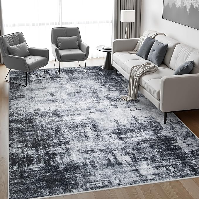 9x12 Area Rug Living Room Rug: Washable Modern Abstract Soft Thin Rug Indoor Floor No Slip Stain Resistant Carpet for Bedroom Dining Room Farmhouse Nursery Home Office - Dark Black