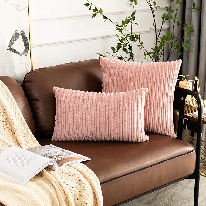 UGASA Velvet Pillow Covers Striped Soft Textured Throw Cushion Cases Pack of 2 Valentines Day Accent Corduroy Lumbar Pillowcases with Hidden Zipper for Home Decor Indoor 12"x20", Baby Pink