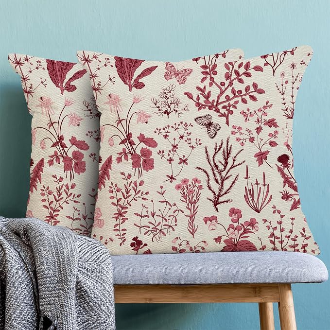 Christmas Pillow Covers 24x24 Inch Set of 2,Burgundy Red Wild Flower Plant Throw Pillows Case,Seasonal Floral Outdoor Decorative Square Linen Farmhouse Decor Cushion Covers for Home Sofa bed Couch