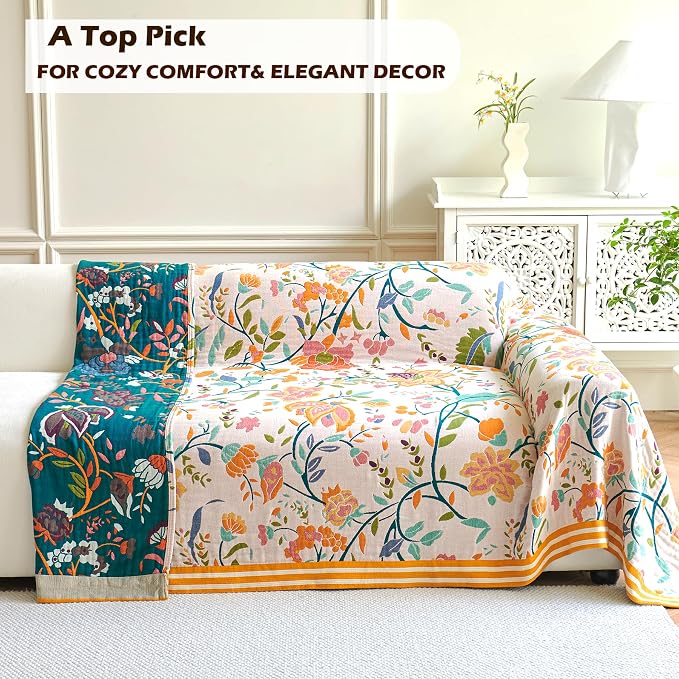 VANJOROY Boho Throw Blanket for Bed, 100% Organic Cotton Breathable Ultra Soft 60" x 80" Quilt Throw - All Season Floral Rustic Farmhouse Decor Luxury Reversible Blanket for Sofa Couch Chair and Gift