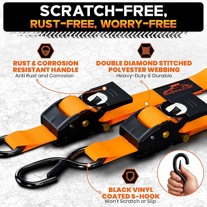 RoofPax Premium 2'' x 10" Retractable Ratchet Straps 4 Pack 3000lbs Break Strength Heavy Duty Auto Self-Retracting Tie Down Straps for Trucks Secure Cargo Tie Downs with 6pcs Bungee Cords