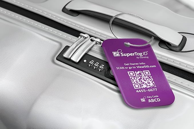 Dynotag® Sentry Series Solid Metal Web Enabled Smart Luggage Tag ID + Steel Loop, Anodized Aluminum with DynoIQ™ & Lifetime Recovery Service (Imperial Purple)