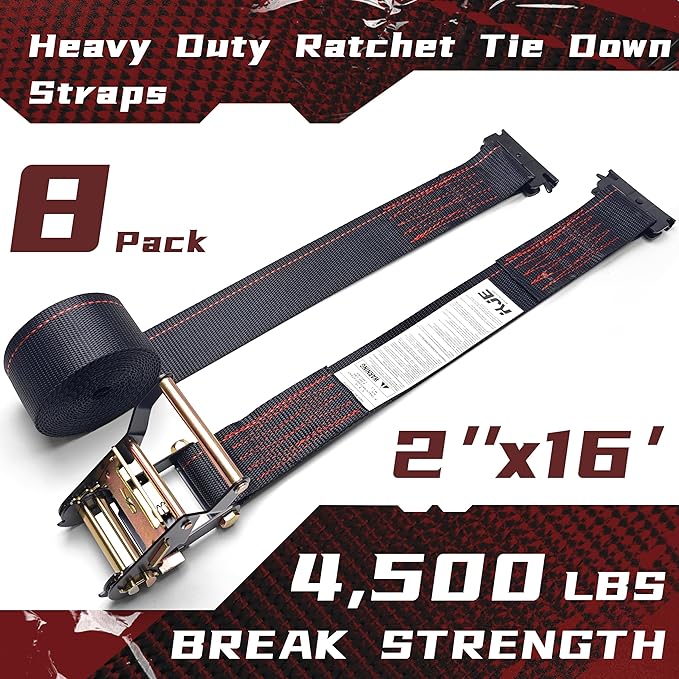 KJE E-Track Ratchet Straps, 8 Pack Black 2" x16' Heavy Duty Cargo Tie-Downs, 4500LBS Breaking Strength, Standard E Track Fitting Tie Down Ratcheting Strap for Cargo Vans, Trucks, Trailers