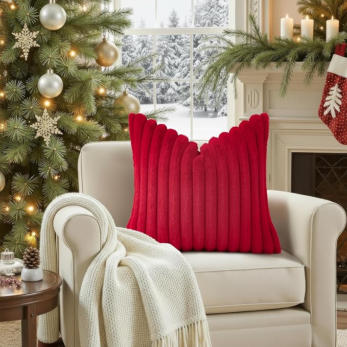 decorUhome Fall Faux Fur Throw Pillow Covers 26x26 Set of 2 Red | Decorative Soft Cozy Striped Plush Modern Farmhouse Boho Couch Pillow Cases Velvet Back for Sofa Bed Living Room Home Decor