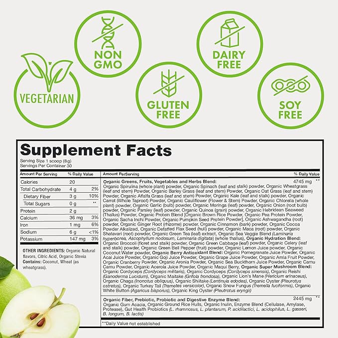 Organic Super Greens Powder, 70+ Superfoods, 0 Sugar, 3G Fiber, Spirulina, Chlorella, Antioxidants, Prebiotics/Probiotics, Digestive Enzymes, Green Apple, 30 Servings