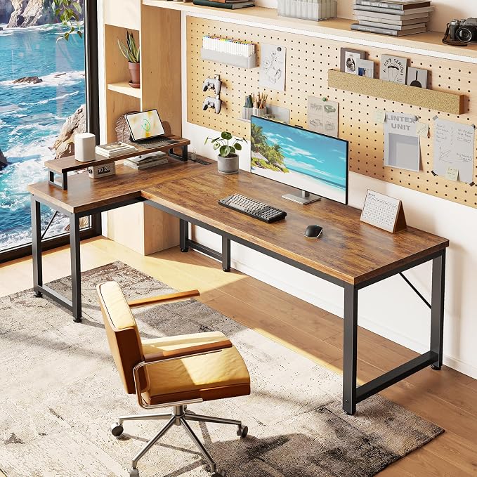 PRAISUN 53" L Shaped Computer Desk, Outlets, Monitor Stand, Rustic Brown | USB-C Ports, Reversible Charging Station, Spacious Desktop & Legroom, 0.94 Inch Thick Desktop, for Gaming, Study & Work