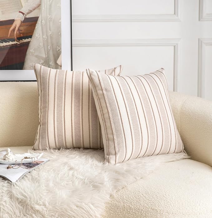 Cethom Decorative Boho Throw Pillow Covers, Farmhouse Textured Pillow Case, 20 x 20 Inch Set of 2, Chair Sofa Bedroom Living Room Home Decor Couch Cushion Case, Taupe and Beige Striped