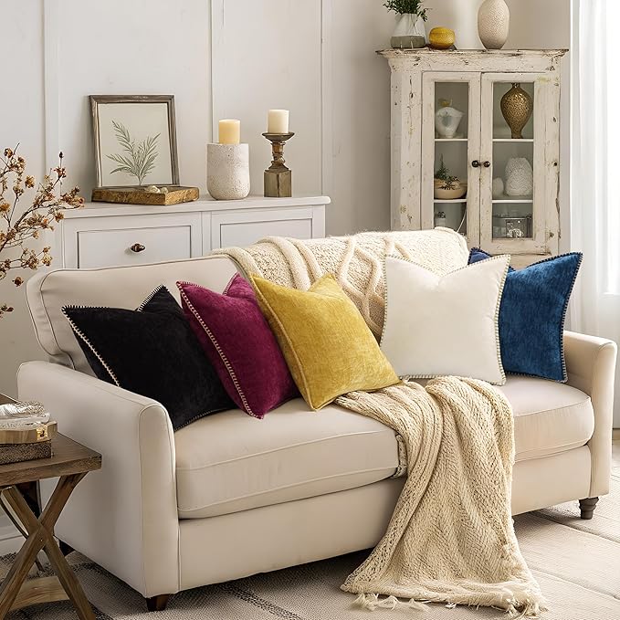 decorUhome Soft Chenille Throw Pillow Covers 26x26 Set of 2 Rhododendron | Fall Textured Decorative Throw Pillow Cases Stitched Edge Modern Farmhouse Luxury Boho Velvet for Couch Sofa Bed Home Decor